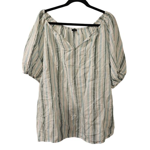 Talbots 100% Linen Striped Peasant Sleeve VNeck Top Women’s 1X Boho Tunic Blouse - Picture 1 of 5